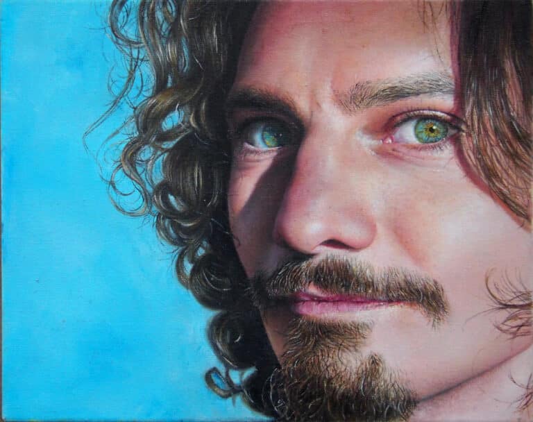 Angela-Galvan-Jernej-su-sfondo-blu-olio-su-tela-2020-25x30a